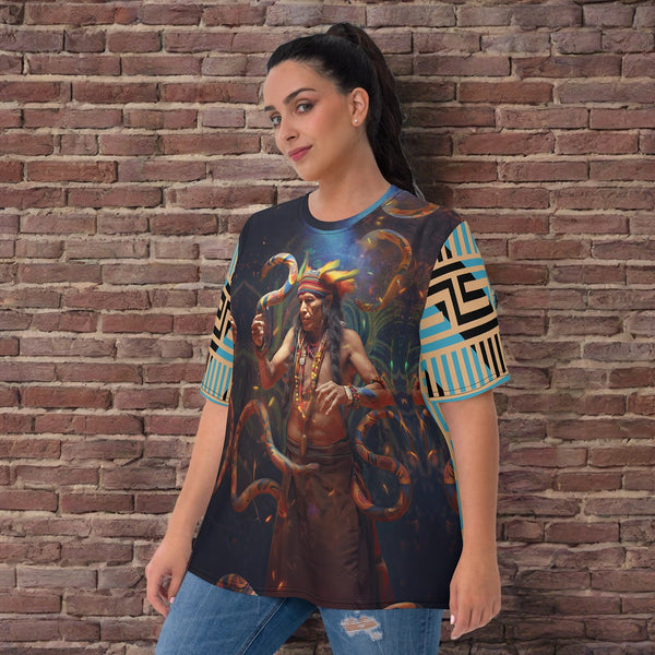 Vibrant All Over T-Shirt, Ayahuasca Collection, showcasing tribal patterns.